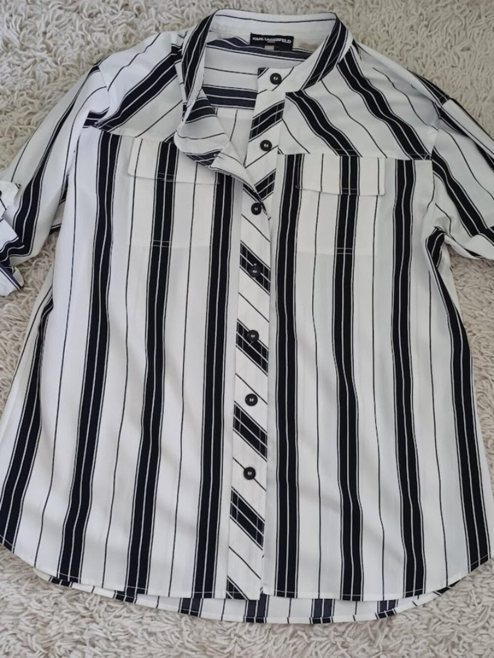 Karl Lagerfeld Paris Striped Button Front Utility Blouse Roll Tab Women's L